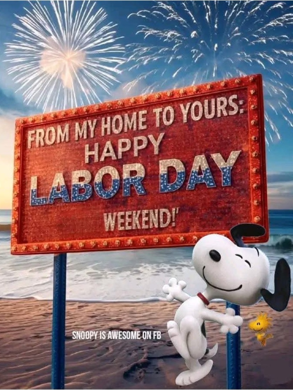Red Labor Day Celebration Sign Card with Snoopy Graphic